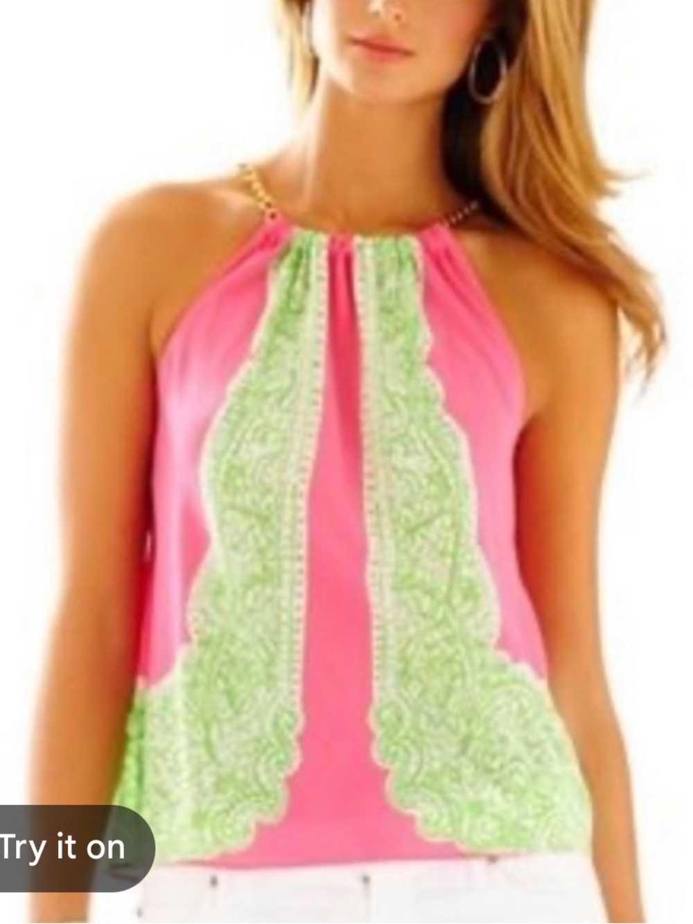 Lilly Pulitzer 100% Silk Riviera Tank in Pink Green White w/Gold Chain Straps S